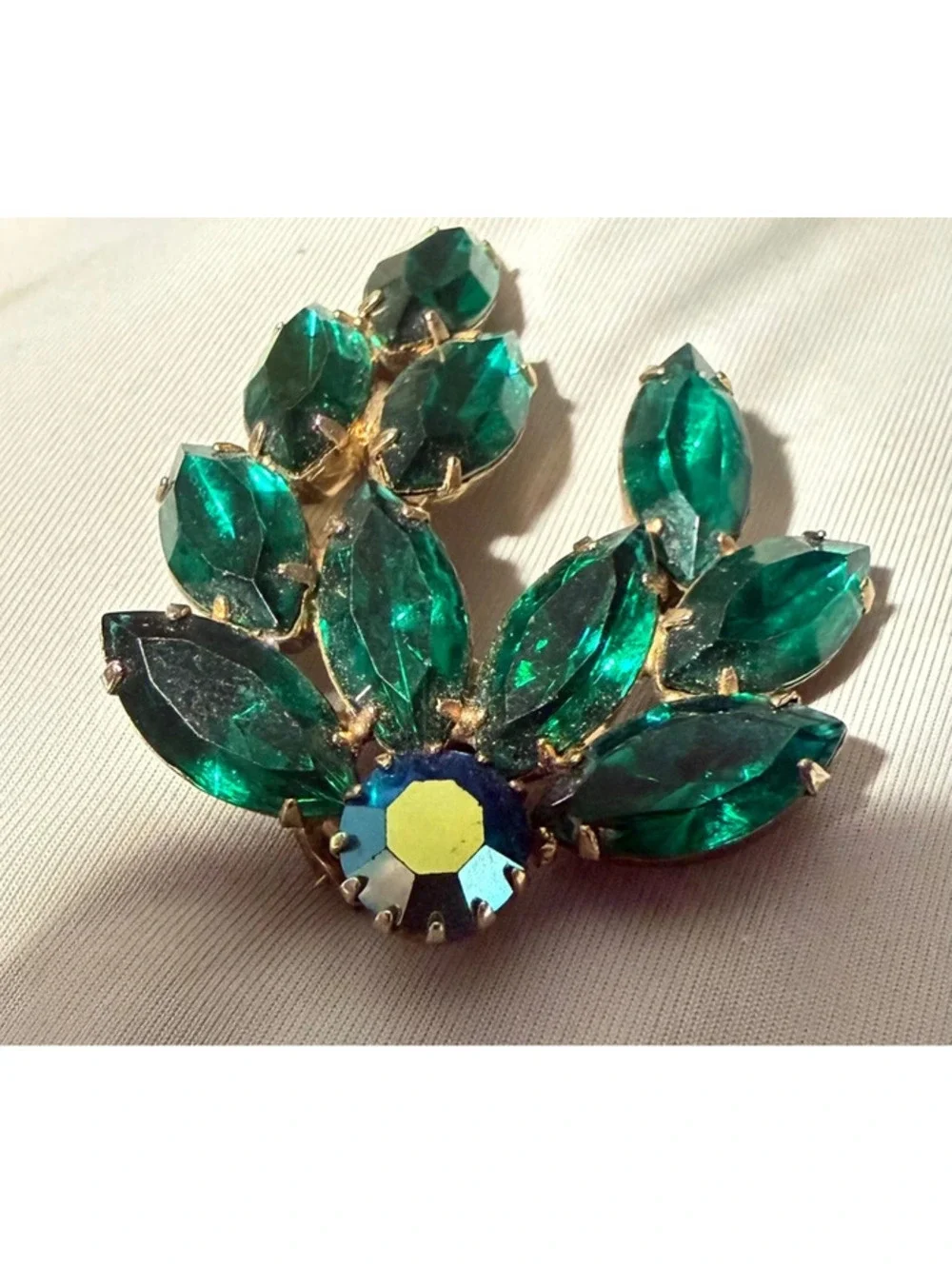 Vintage Emerald Green, Aurora Borealis Navette Crystal Brooch